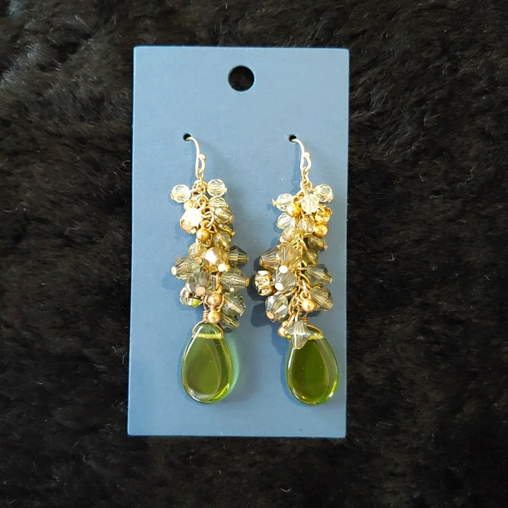 Vintage Cluster Earrings, Green/Shades Of Green, Clear Beads
